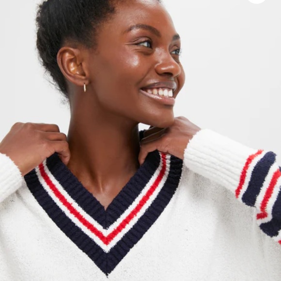 NWT - Tuckernuck White V-Neck Sweater with Red and Blue Stripes - Picture 3 of 8